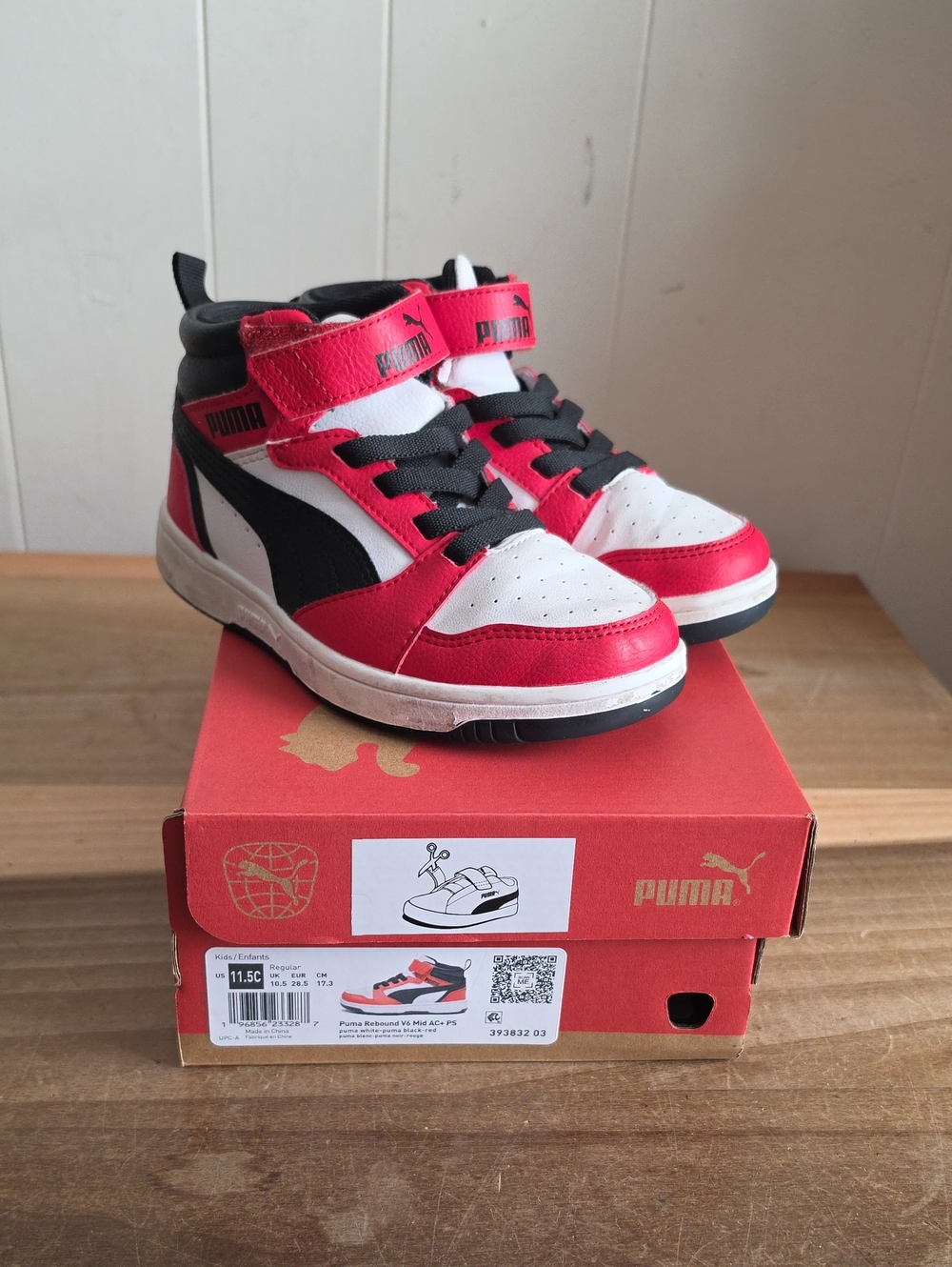 Puma Rebound High-Top Sneakers Kids Red, Black & White Size 11.5 C